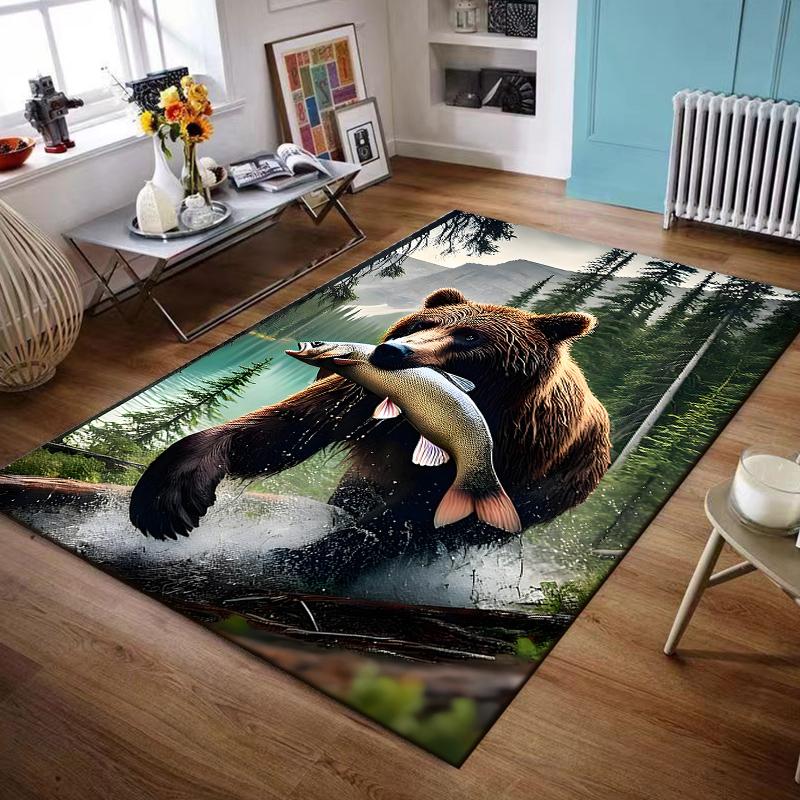 Bear Catching Fish in Forest Stream Non-slip rug suitable for living room and bedroom sofas