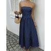 Womens Polka Dots Strapless Summer Dresses, Elastic Back Smocked Beach Vacation Outfits Vintage Elegant Maxi Dress