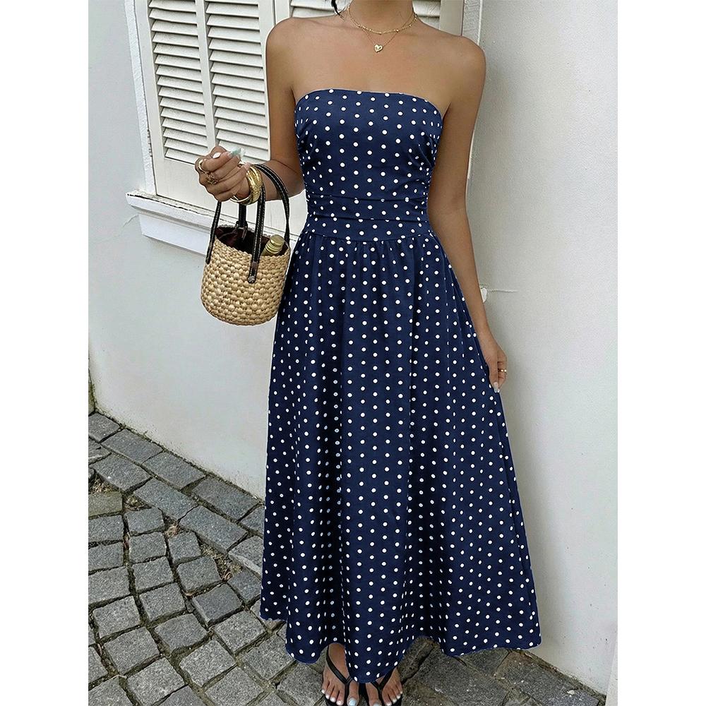 Womens Polka Dots Strapless Summer Dresses, Elastic Back Smocked Beach Vacation Outfits Vintage Elegant Maxi Dress