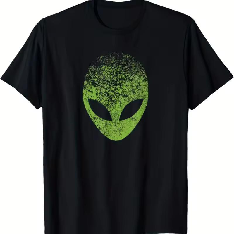 Men's T shirt - Alien Head Distress Green Alien Face, Unidentified Flying Object, Unisex T shirt Summer New Edition