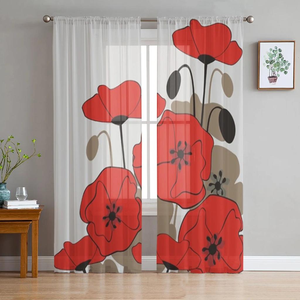 Poppies White Background Tulle Curtain For Living Room Sheer Valance Curtain For Kitchen Bedroom Window Drapes