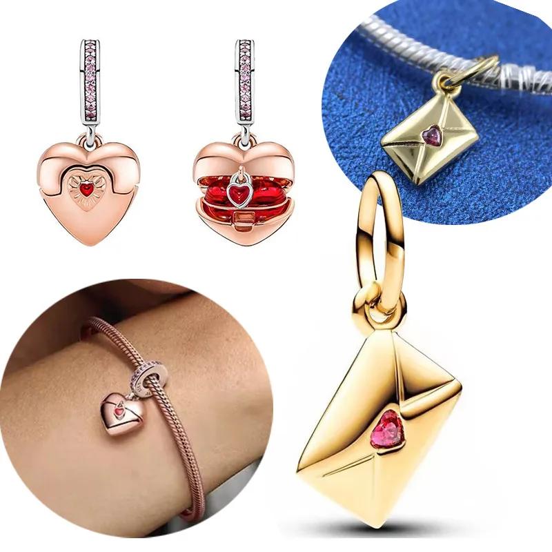 Серебро 925 Сердце Конверт Золотые Шармы Бусины Подходят для Браслета Подвеска для Женщин Тонкие Ювелирные Изделия Подарок Своими Руками