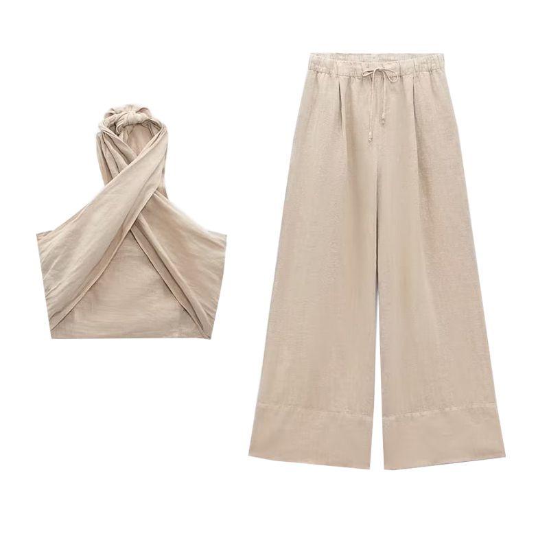 Spring New Arrival Casual Two-Piece Suit Hanging Collar Linen Tops 4043249 Linen Wide Leg Pants 4043243