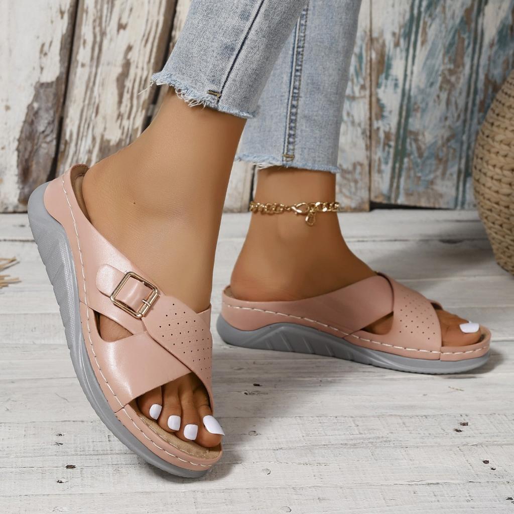 2026 Women's Wedge Sandals Summer New Solid Color Cross Strap Beach Sandals Outdoor Anti-slip Casual Female Platform Slippers