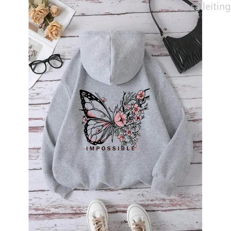 Fashion Creative Butterfly Splicing Flower Pattern Hooded Sweatshirt Women Winter Harajuku Street Hoodie Winter Clothes Women