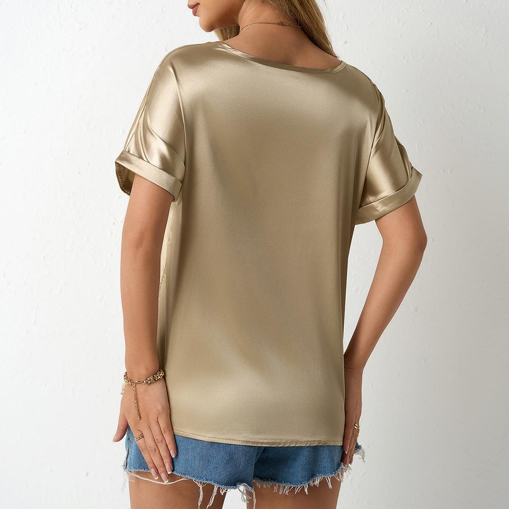 Женские весенние и летние однотонные атласные топы со свободными карманами и загнутыми короткими рукавами, повседневные блузки и рубашки