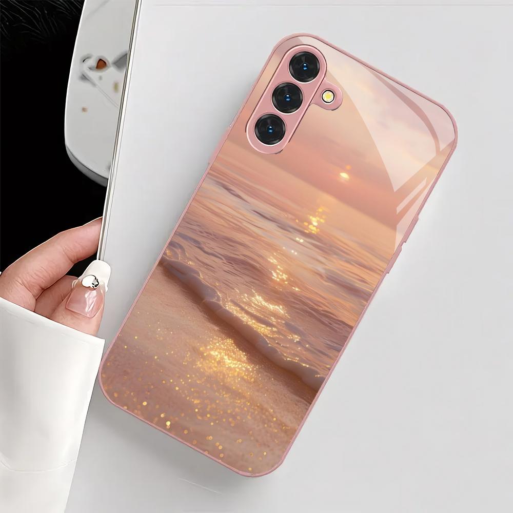 Стеклянный чехол для телефона с дизайном розового пляжа, подходит для Samsung Galaxy S26 S25 S24 S23 S22 S20 FE/Ultra/Plus, ударопрочная задняя крышка