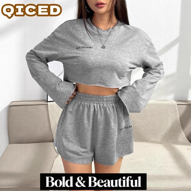 QICED Женские модные повседневные летние весенние костюмы с длинным рукавом и круглым вырезом