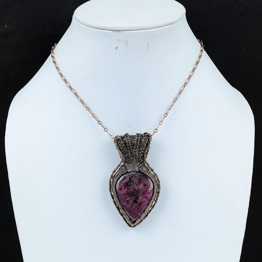 Родонит драгоценный камень ручной работы из чистой медной проволоки ювелирное изделие кулон для нее