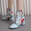 Women'sBoots Ankle European and American Women's Leather Boots 6.5CM Round Toe Colorful Patternsfront Lace Up Boots Women Shoes