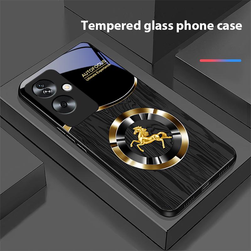 Деревянный конь синий для Oppo A79 5G 58 78 74 60 4G Reno 11F Realme GT 6 11 Note 50 10 C55 X2 Закаленное стекло Черный чехол для телефона