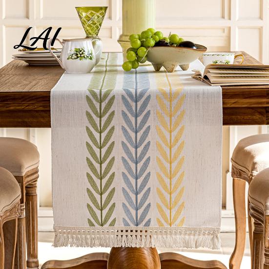 Modern Home Table Centerpiece Embroidered Leaf Runner with Tassels Rustic Farmhouse Rectangle Tablecloth Imitation Pastoral Style Dressing