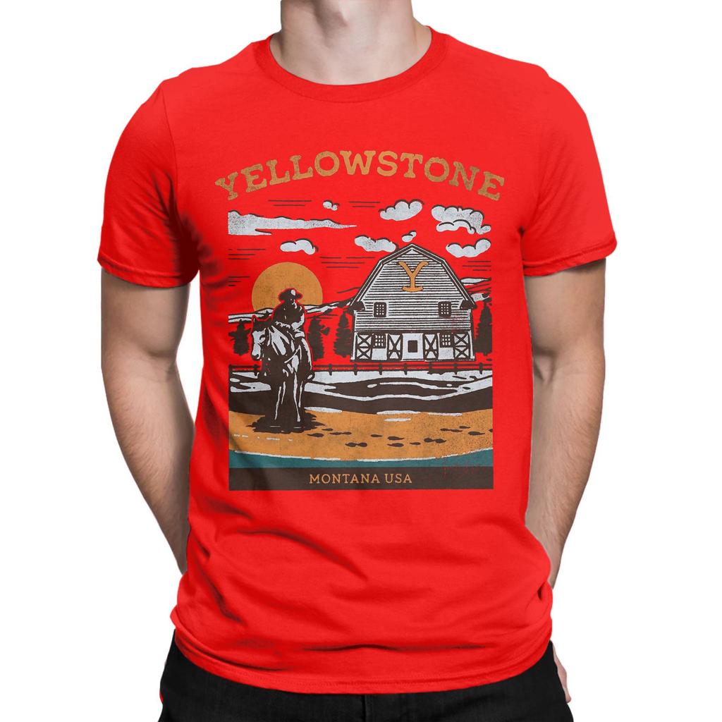Men Yellowstone Montana USA Dutton Ranch Vintage T Shirts 100% Cotton Tops Novelty Short Sleeve Crewneck Tees Printed T-Shirts