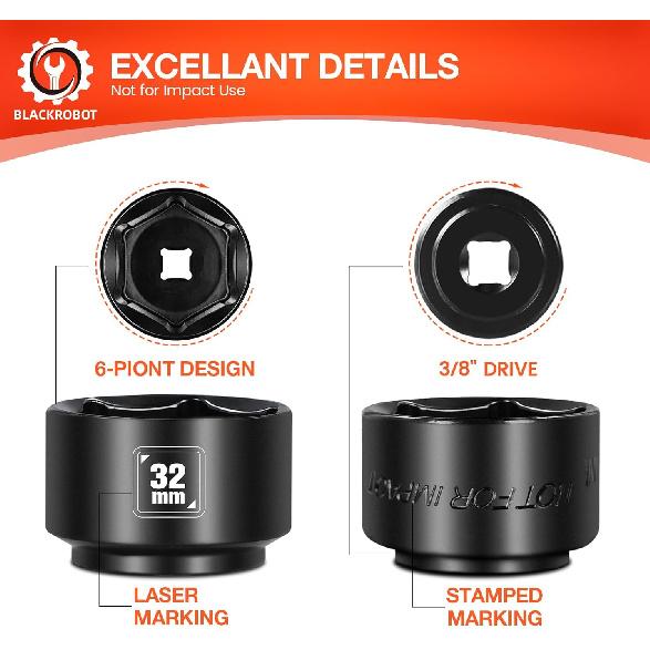 BLACKROBOT 32Mm Low Profile Oil Filter Socket, 3/8" Drive 6-Point Oil Filter Cap Remover And Taller Tool, Chrome Vanadium Steel
