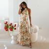 Женское весеннее платье без рукавов с цветочным принтом, летнее повседневное платье А-силуэта с открытой спиной и высокой талией, длинное платье со шнуровкой, размер S-XL