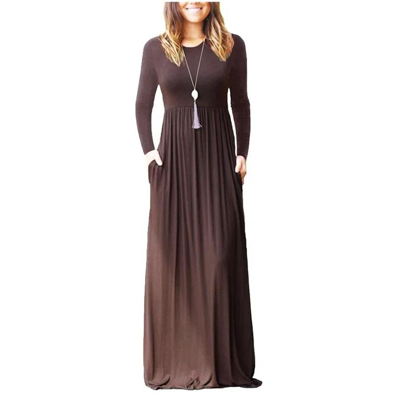 Весна-лето с длинным рукавом и коротким рукавом, однотонное повседневное платье с круглым вырезом, повседневные длинные платья, женское осеннее платье с эластичной резинкой на талии 18184