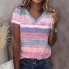 Summer V-neck 3D Multi-color Stripes Printed Top Fashionable Casual Short Sleeved Women's T-shirts