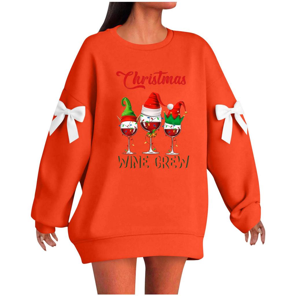 Ladies' Christmas Printed Bow Round Neck Long Sleeved Loose Pullover Sweater Sweatshirt Top