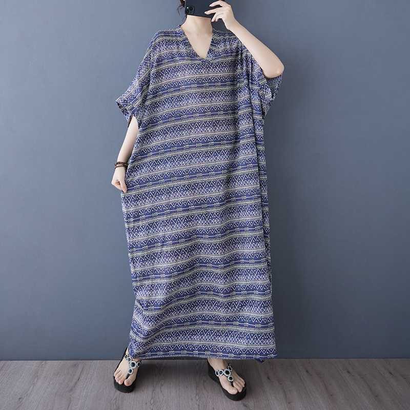 Летний цвет Отпускной стиль Туризм V-образный вырез Ретро Длинная юбка Хлопково-льняное платье