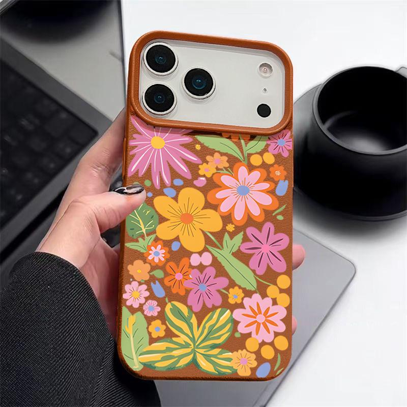 Мягкий чехол для телефона для iPhone Air 17 16 15 14 13 12 Pro Max 17 Pro 11 16e Мультяшные цветы Ударопрочный Кожаная текстура Силиконовый чехол