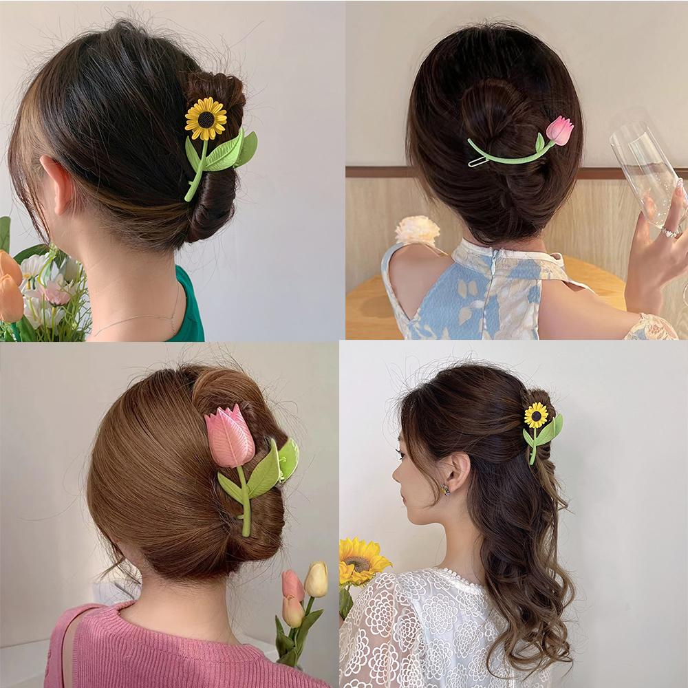 Women Tulip Flower Hair Claw Clips Sunflower Metal Hairpins Makeup Hair Styling Clamp Barrettes Girls Ponytail Hair Accessories