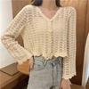 French - Style Simple Hollow - Out Knitted Cardigan for Women Short - Style V - Neck, White Thin Sunscreen Shirt Long - Sleeve Outerwear Top