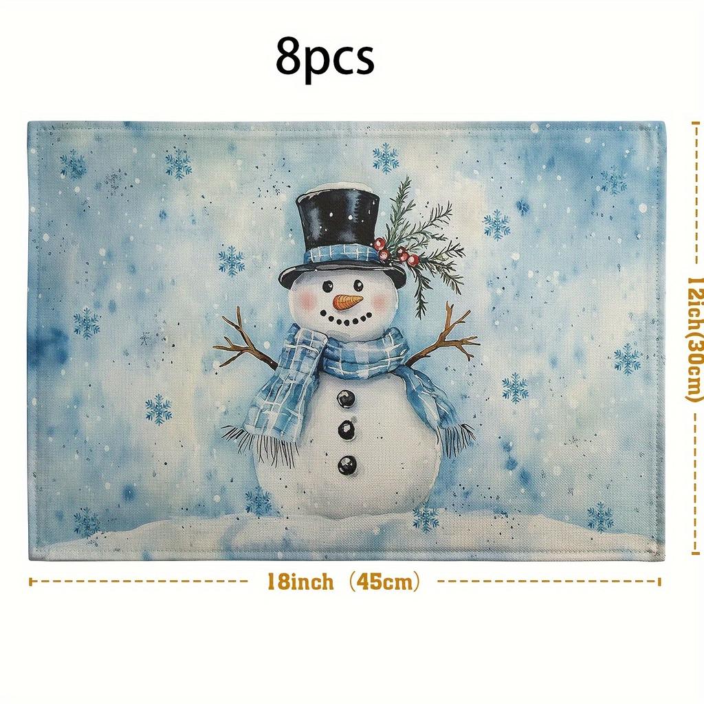 2/4/6/8pcs Set Blue Snowman Snowflake Winter Placemats, Seasonal Christmas Holiday Snowflake Snowman Farmhouse Rustic Placemats, Suitable for Home Kit