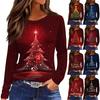 Женская модная повседневная футболка с разрезом по низу, круглым вырезом, длинными рукавами, свободного кроя, с рождественским принтом, женский топ