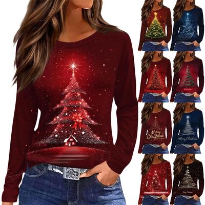 Женская модная повседневная футболка с разрезом по низу, круглым вырезом, длинными рукавами, свободного кроя, с рождественским принтом, женский топ