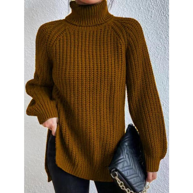 Autumn and Winter Women's Plus Size Knit Sweater Medium Long Shoulder Sleeve High Lapel Split Sweater Dress