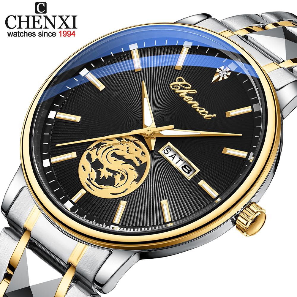 Chenxi Luxury Watch Men Golden Dragon Pattern Stainless Steel Fashion Quartz Wristwatches Curved Mirror Watches For Men Business