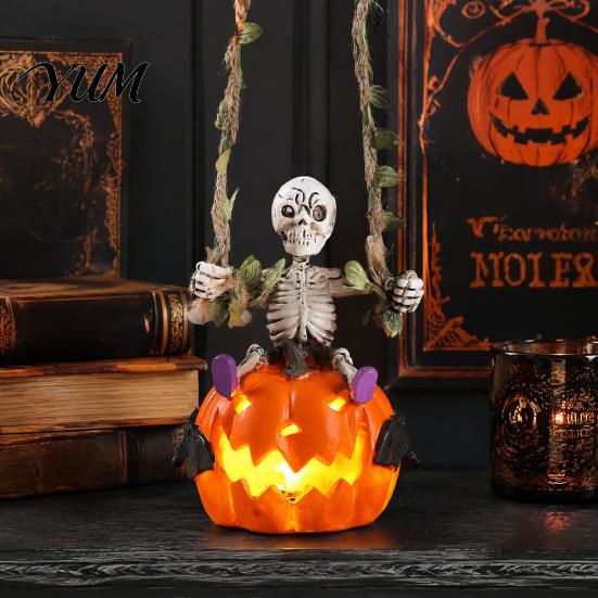 Spooky Haunted House Prop Swing Skeleton with Lighted Pumpkin, Light-up Ornament, Halloween Garden Tree Decor Hanging Statue for Indoor Front