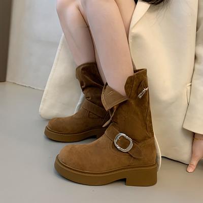 Мода 2024 Новые ковбойские сапоги для женщин Осень Зима Ретро Толстые каблуки Средней длины Однотонные сапоги Современная женская обувь Botas Mujer