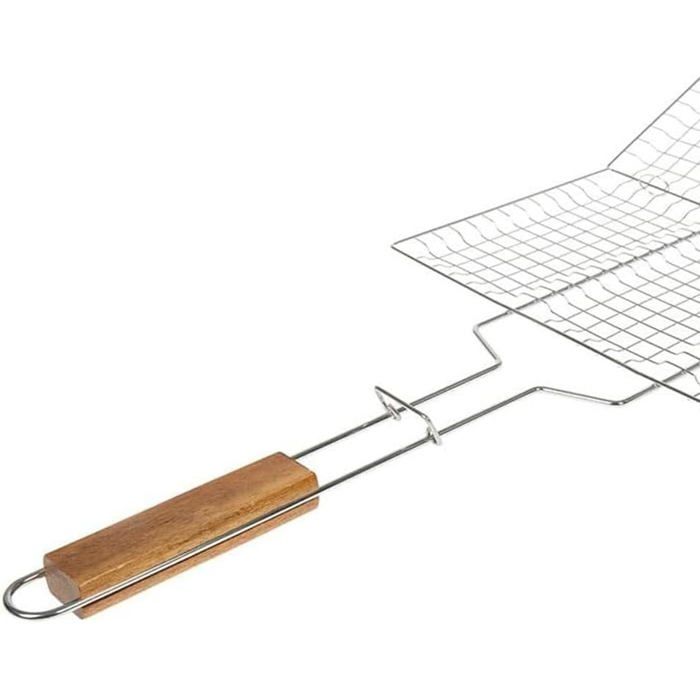 Double grille barbecue - 34 x 22 cm - Acier chromé - Manche en bois - Système de verrouillage