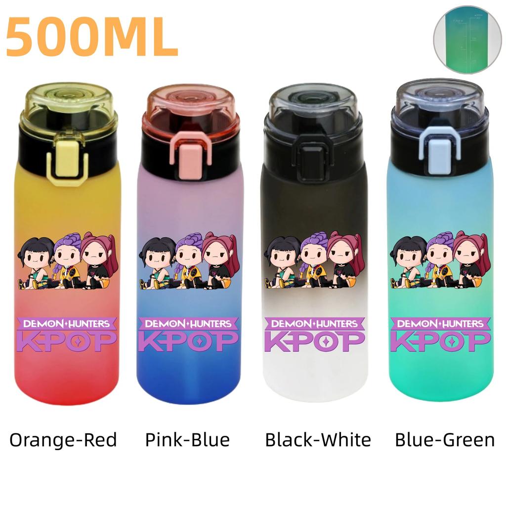 500ML KPop Demon Hunters Plastic Anime Water Cup Has Scale Travel Office Gym Hiking Portable Drink Bottles Outdoor Sport Gifts