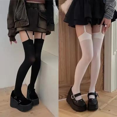Женские бархатные колготки с широкими полосками, тонкие чулки Lolita с подвязками Y2K JK College Style, гольфы выше колена