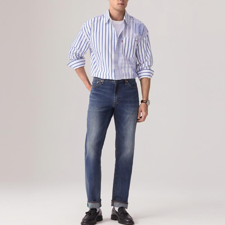 Levis Свободная Удобная Повседневная Рубашка с Полосатым Воротником и Длинным Рукавом Мужские рубашки Синий Белый 003MX-0000