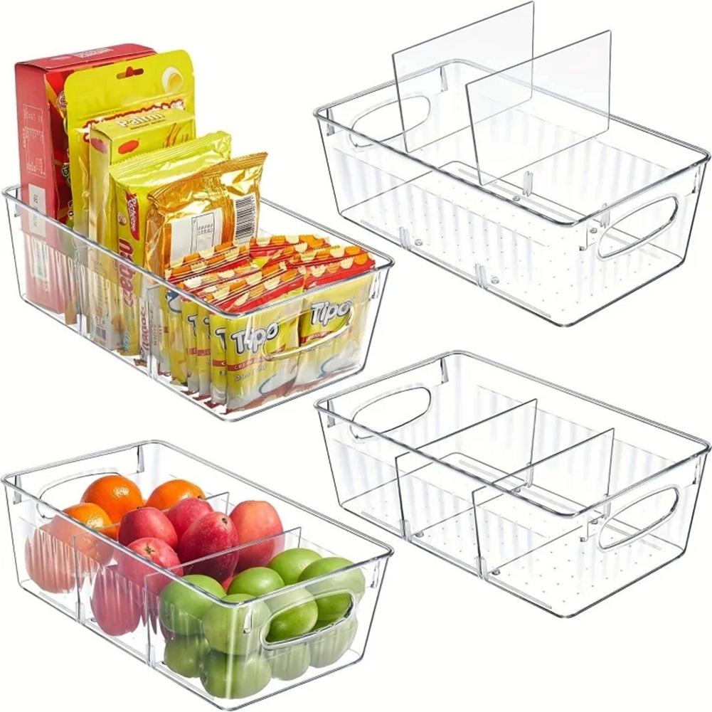 Refrigerator Organizer Bin 4 Grids Clear Food Storage Box Fridge Organizer Bins with Vegetable Fruit Pantry Organization Kitchen Accessories KTY