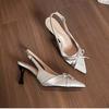 2025 Spring and Summer New Pointed Head Thin Heel French Bow High Heel Single Shoes Fashion Bag Head Sandals Women's Summer Wear