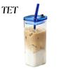 Heat Resistant Glassware for Hot Beverages Square Borosilicate Glass Cup with Lid And Straw, 350ml Capacity, Heat-Resistant Modern Shape Water Glasses