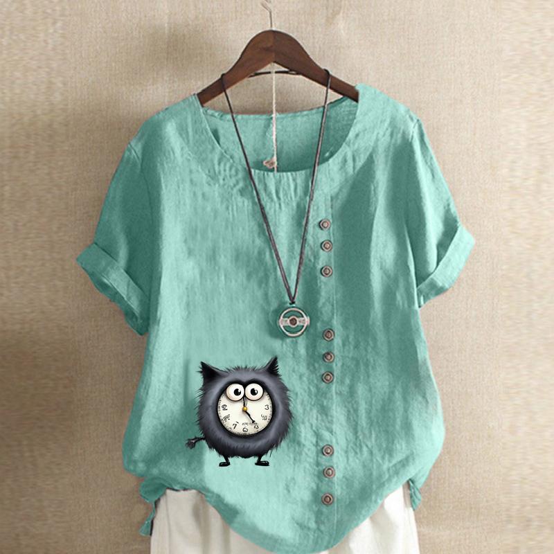 Women's Fashion Alarm Clock Cat Prined Short Sleeve T-shirt Loose Cotton Shirt Casual Loose Summer Blouse Tops Plus Size