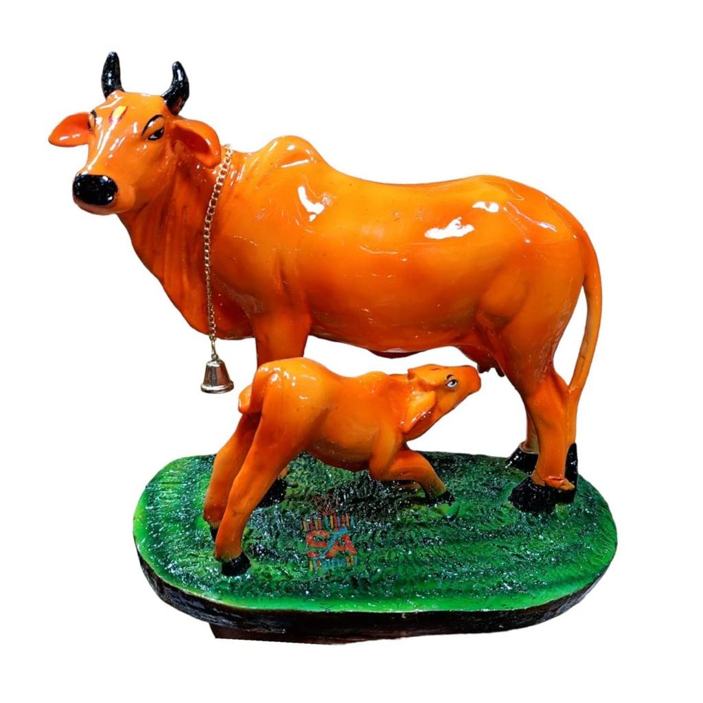 Handicraft Decorative Polystone Cow and Calf Big Statue/Idol for Gift Home Decor 8 Inch (Orange), Religious
