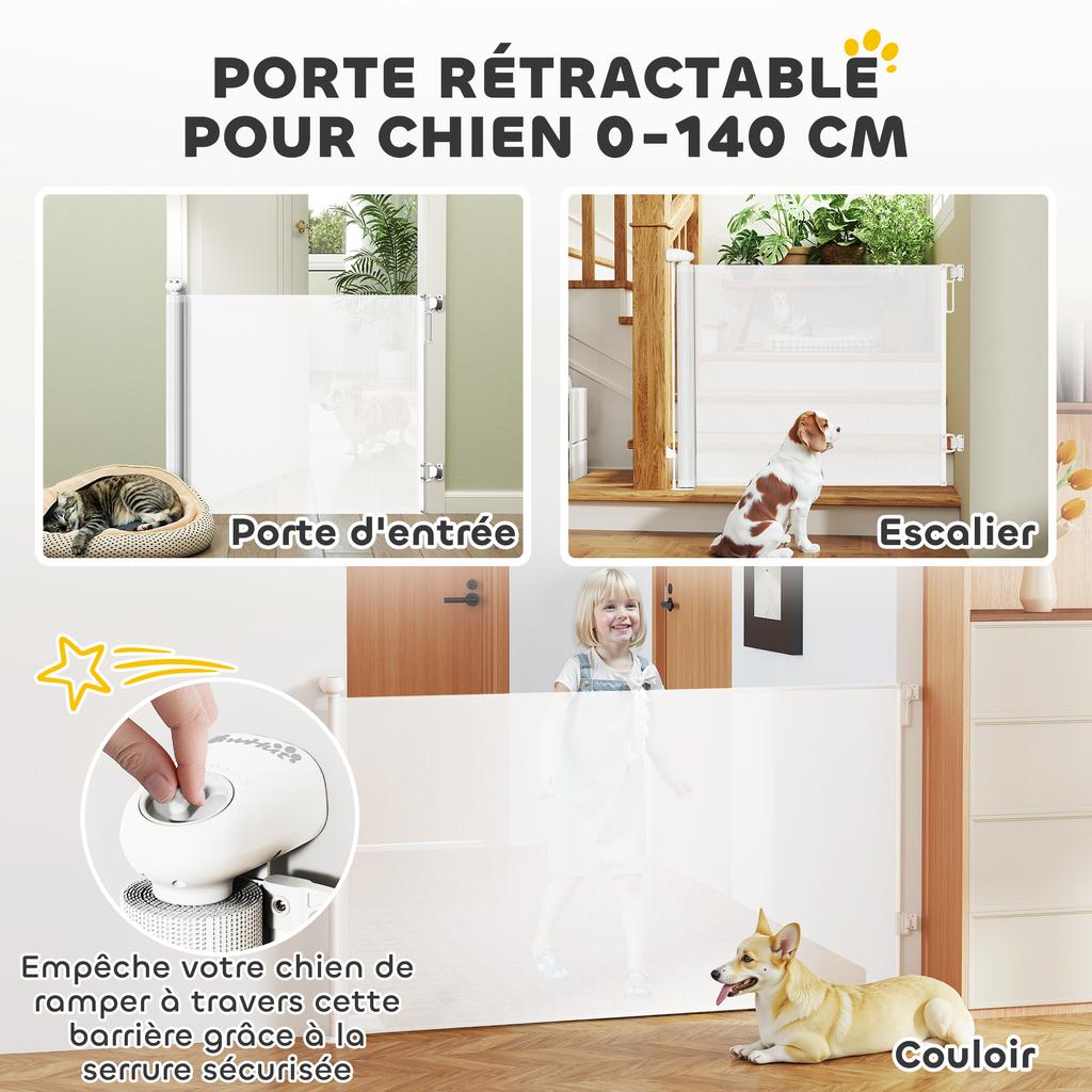 Retractable Dog Barrier from 0 to 144 cm, Stair and Door Barrier for Dogs, Cats, with Lock, White