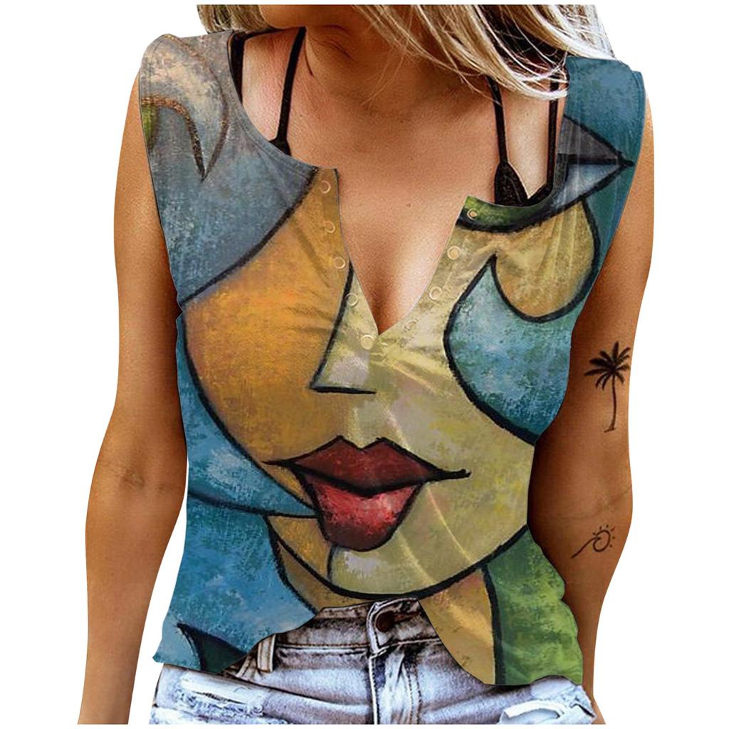 Женские майки, сексуальные летние топы без рукавов с V-образным вырезом, жилет с 3D принтом, красочные красивые топы