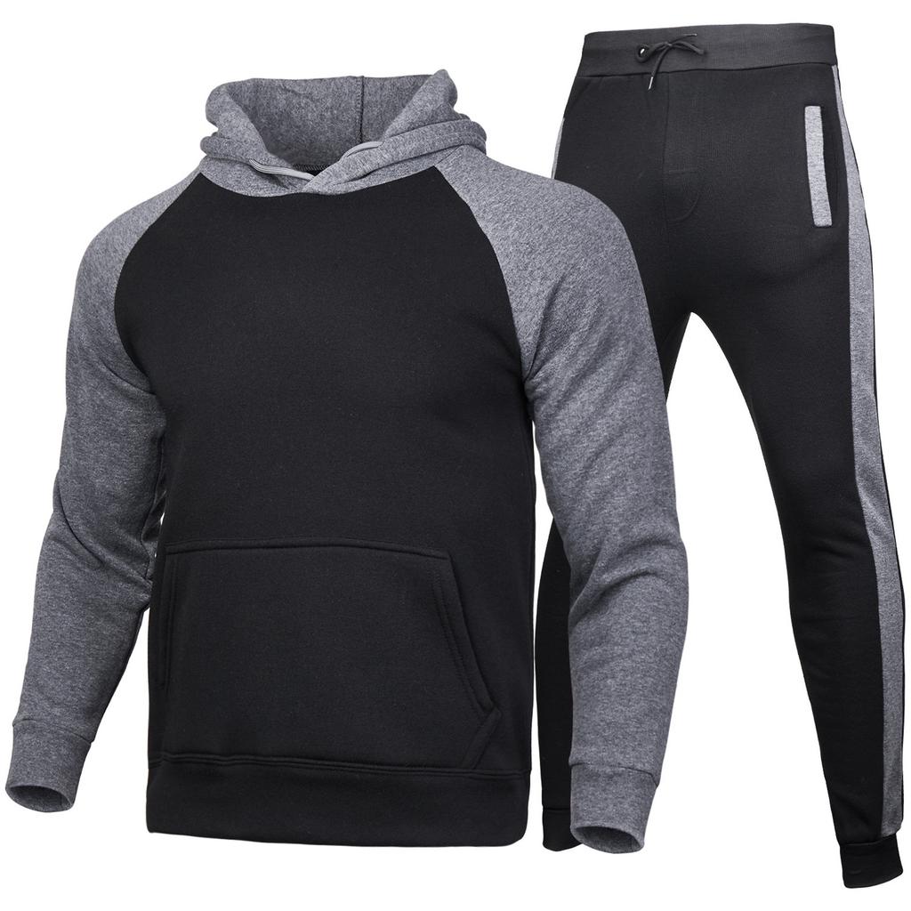 Men's Casual Hooded Two-tone Sweatshirt, Men's Fleece Warm Sports Sweatshirt And Pants Set