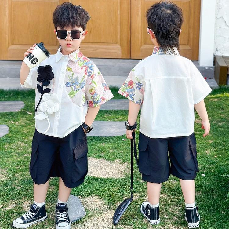 Boys' 2026 Summer Fashion: 3D Flower Print Short Sleeve Shirt & Shorts Set