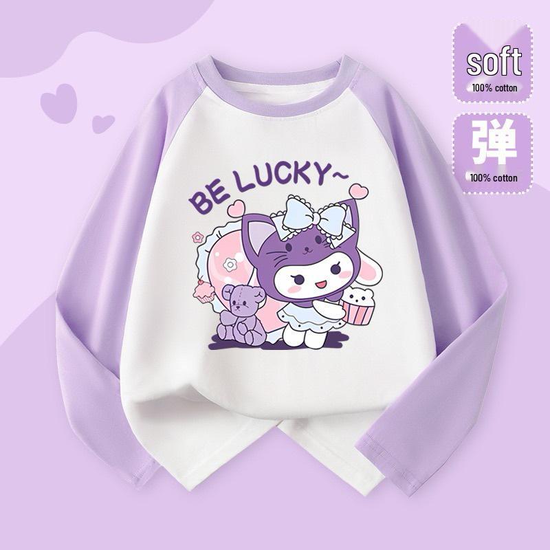 2025 Милая мультяшная футболка с длинным рукавом реглан в цветной блок для девочек