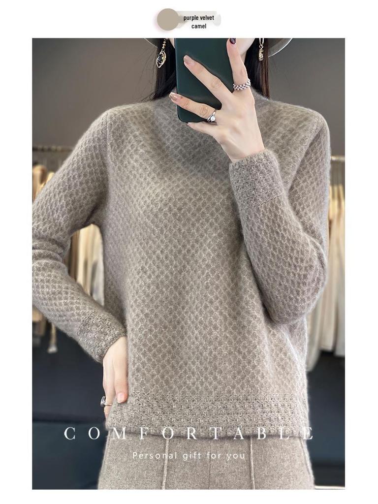 Women's Autumn Winter Thick Wool Sweater - Korean Style Half High Collar, Hollow Out Floral Design