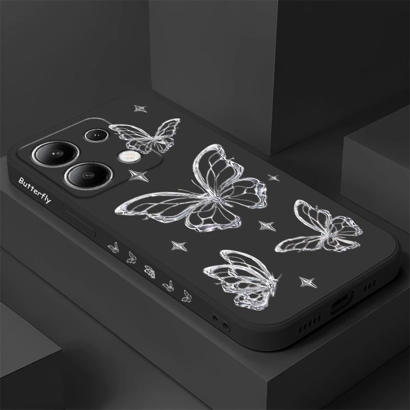 Silver Butterfly Phone Case For Xiaomi Redmi Note 14 13 12 12S 11 11S 10 10S 9 9S Pro Plus 4G 5G Liquid Silicone Cover