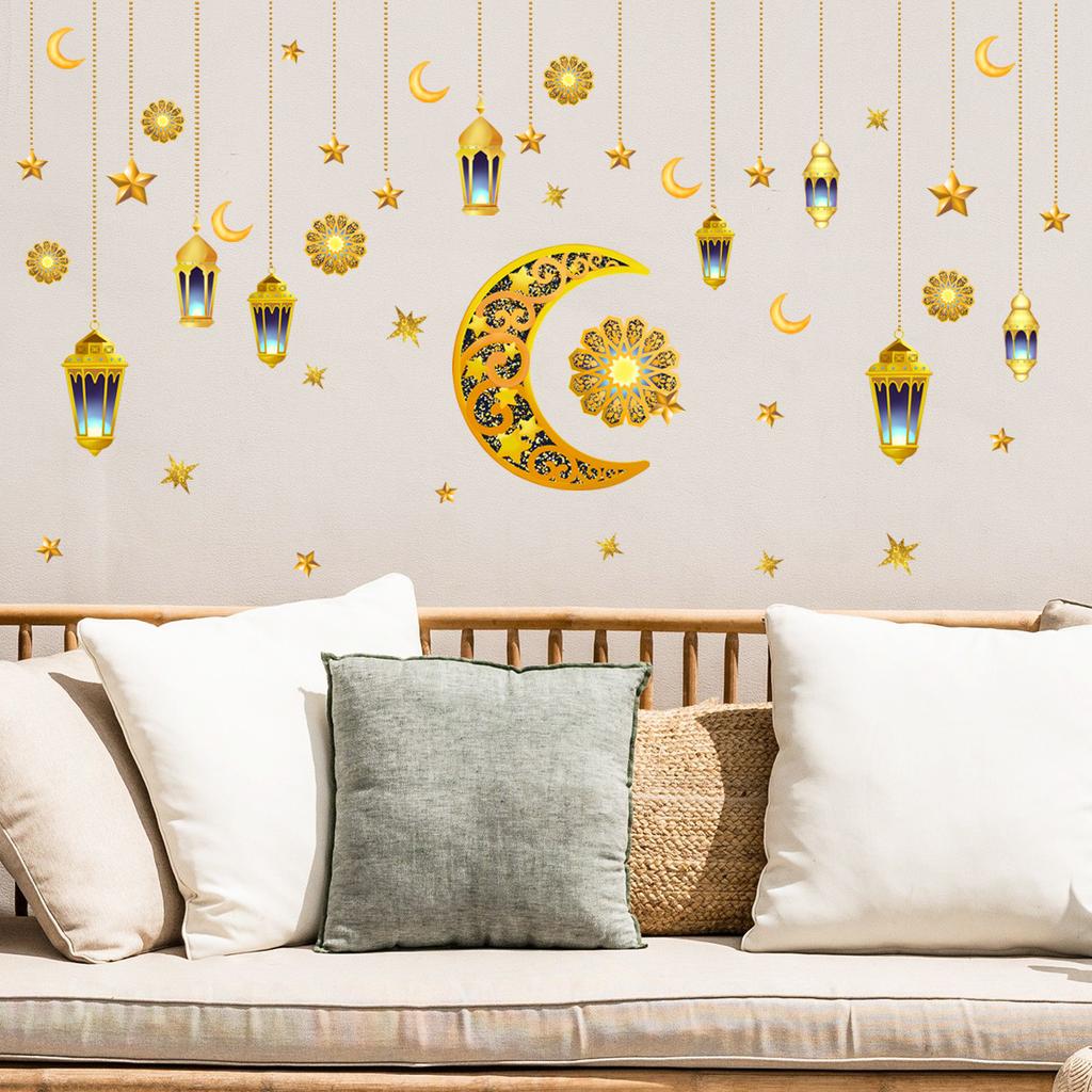 Ramadan Wall Stickers Moon Star Lantern Ornaments Wall Decals Ramadan Decoration For Home 2023 Islamic Muslim Mural Eid Mubarak